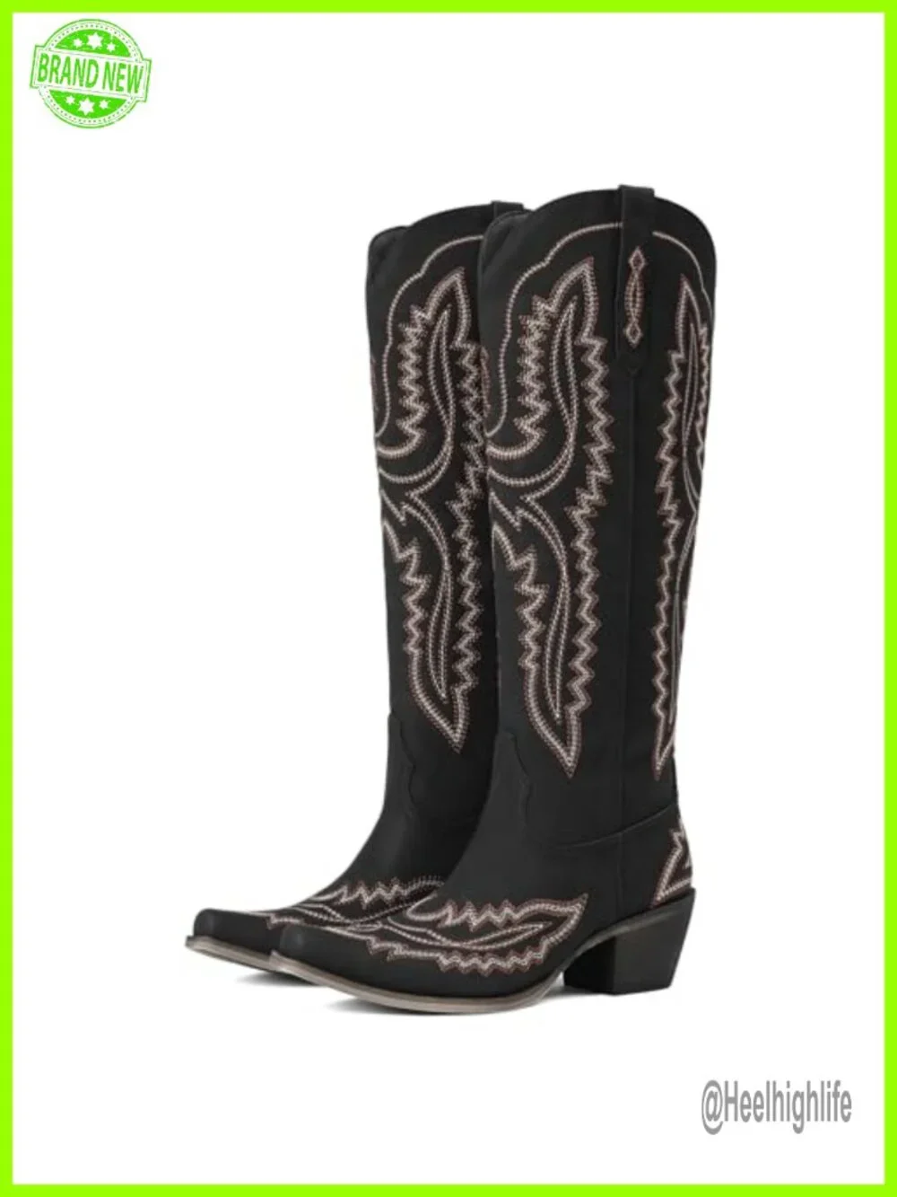 Knee High Cowboy Boots for Women Embroidered Chunky Heel Square Toe Fashion